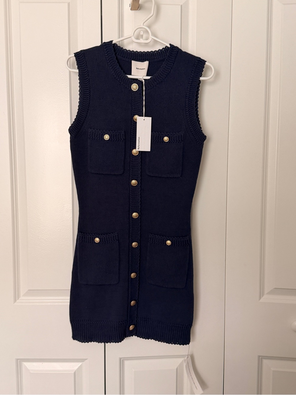 Reformation Navy Sleeveless Knit Midi Dress with Gold Buttons